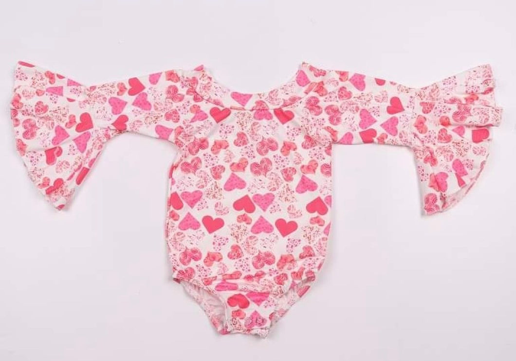 Pink Hearts Bell Sleeve Leotard