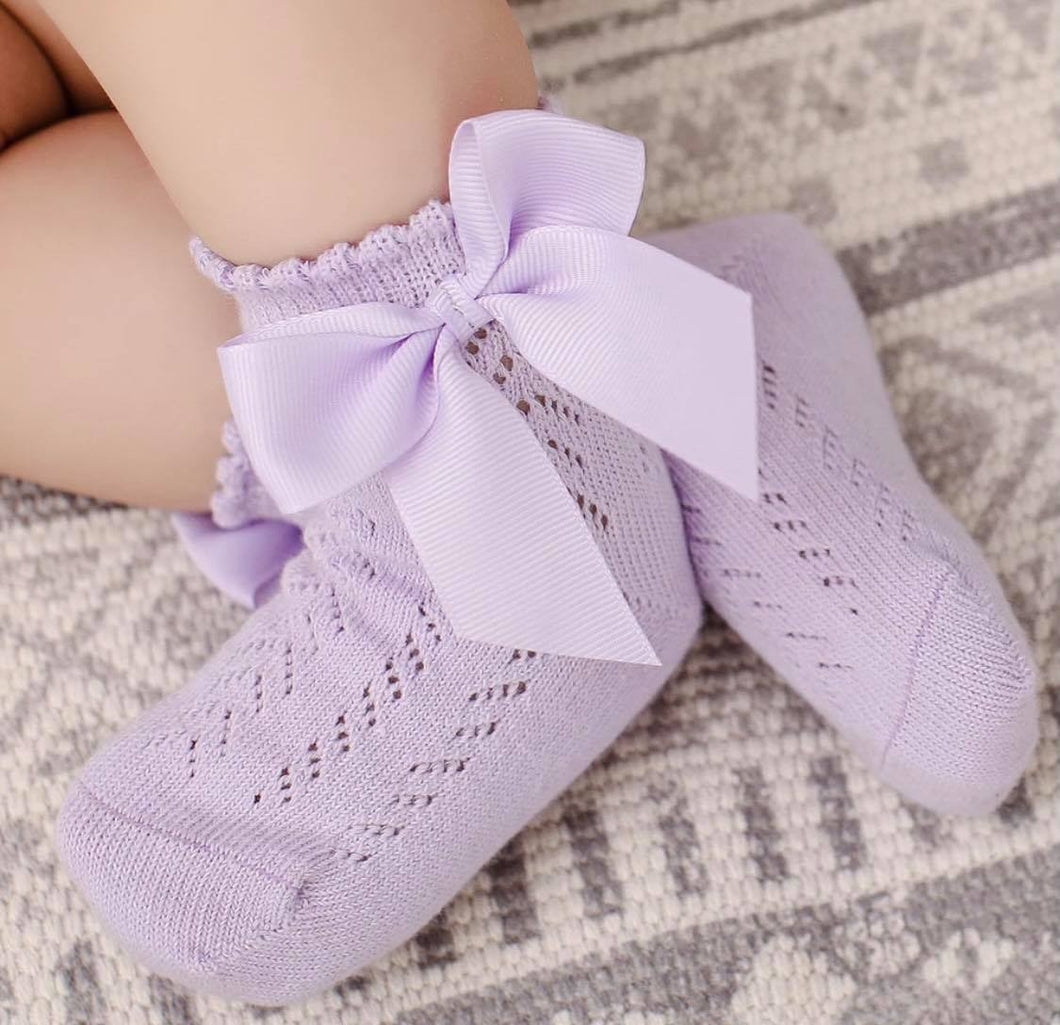 Girl's Textured Cotton Socks w/Bow-Lavender