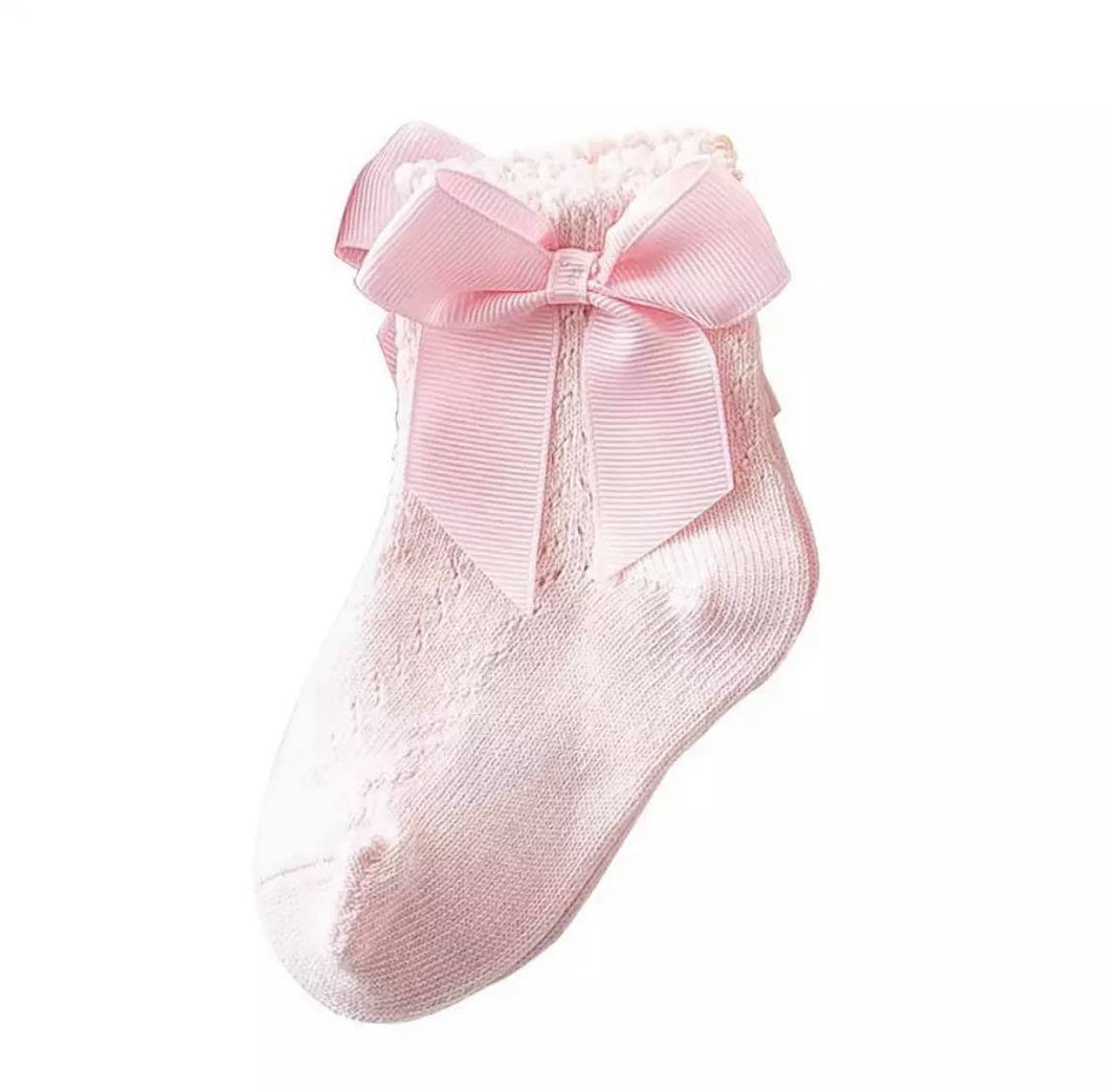 Girl's Textured Cotton Sock w/Bow-Light Pink