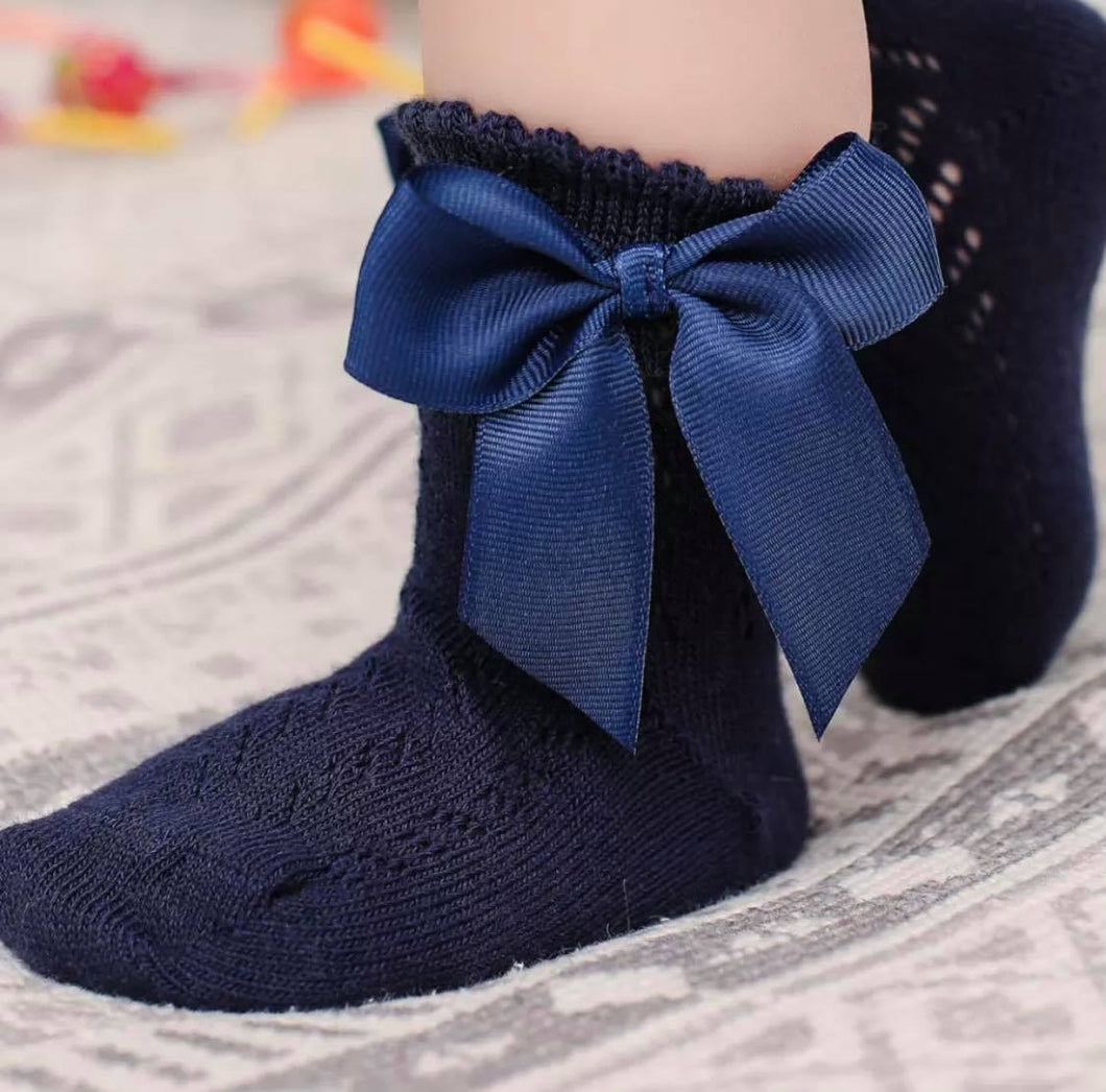 Girl's Textured Cotton Socks w/Bow-Navy