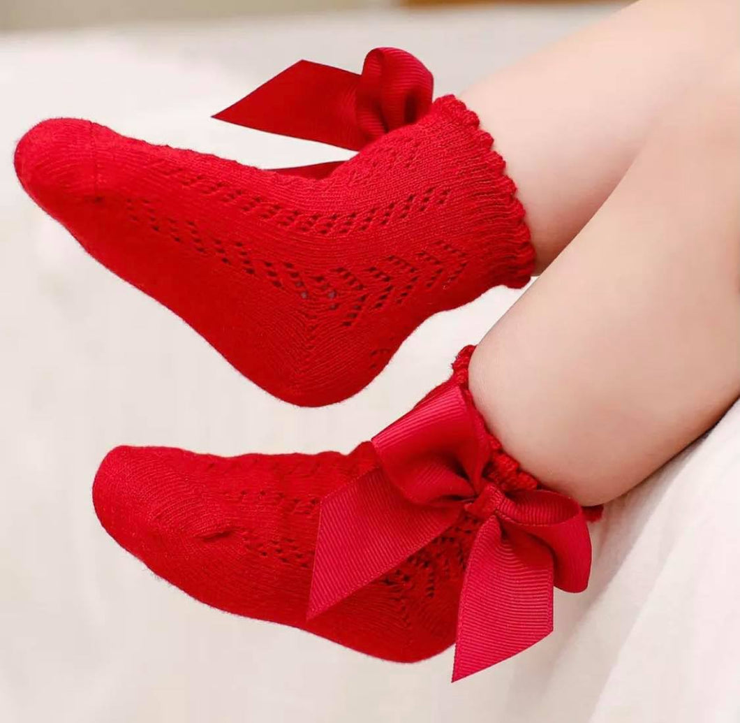 Girl's Textured Cotton Sock w/Bow-Red