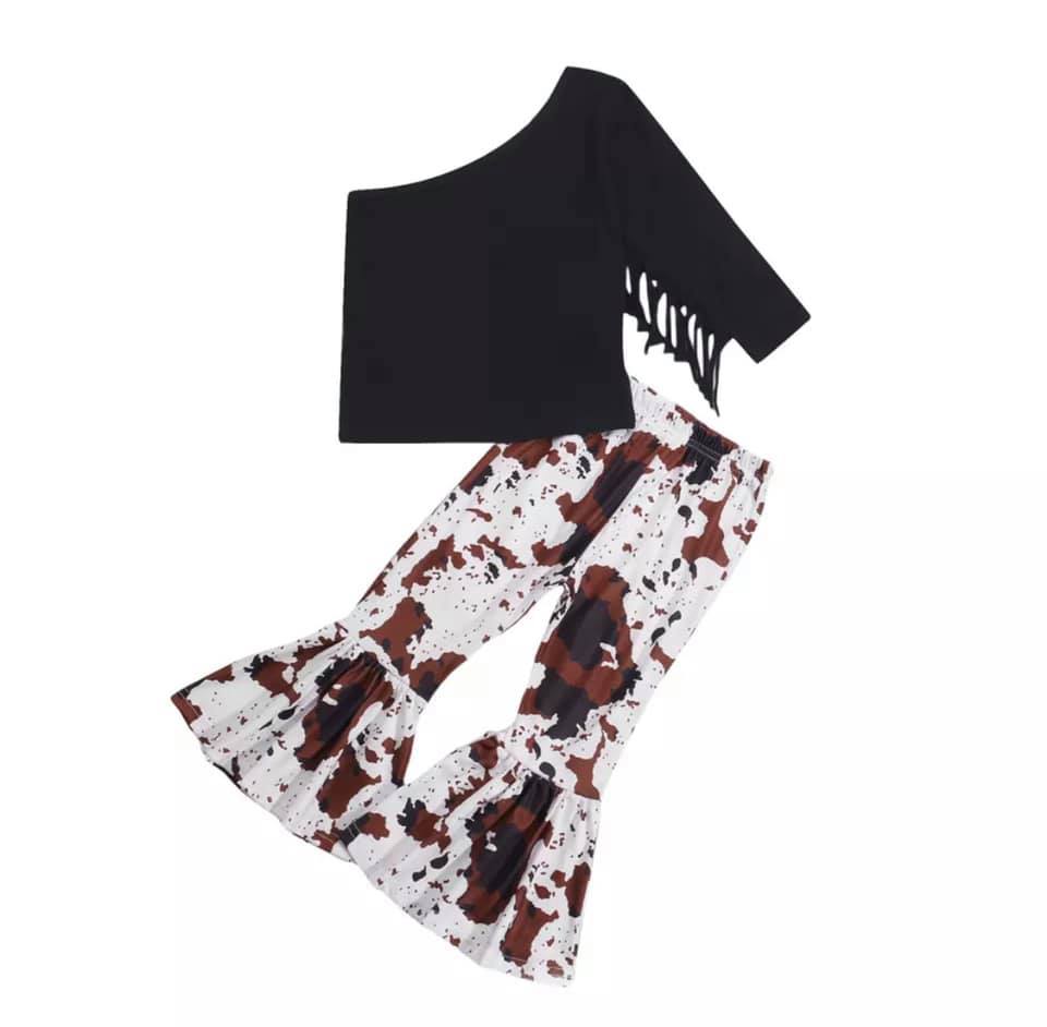 One Sleeve Top w/Cow Print Bell Pants