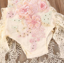 Load image into Gallery viewer, Ecru Lace Romper w/Embroidered Flowers
