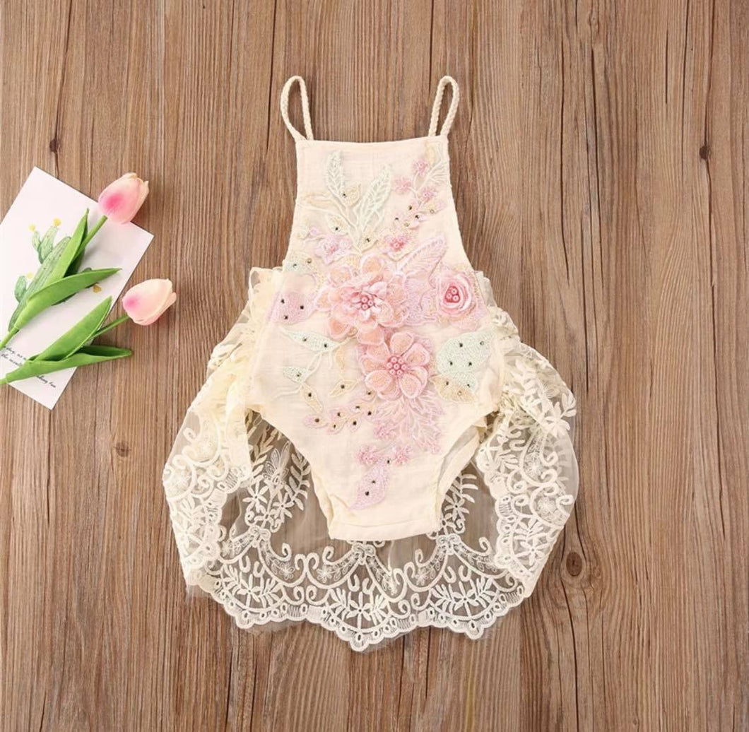 Ecru Lace Romper w/Embroidered Flowers