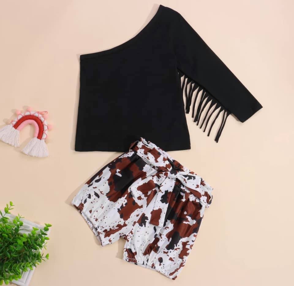 Cow Print Shorties w/Long One Sleeve Fringed Top