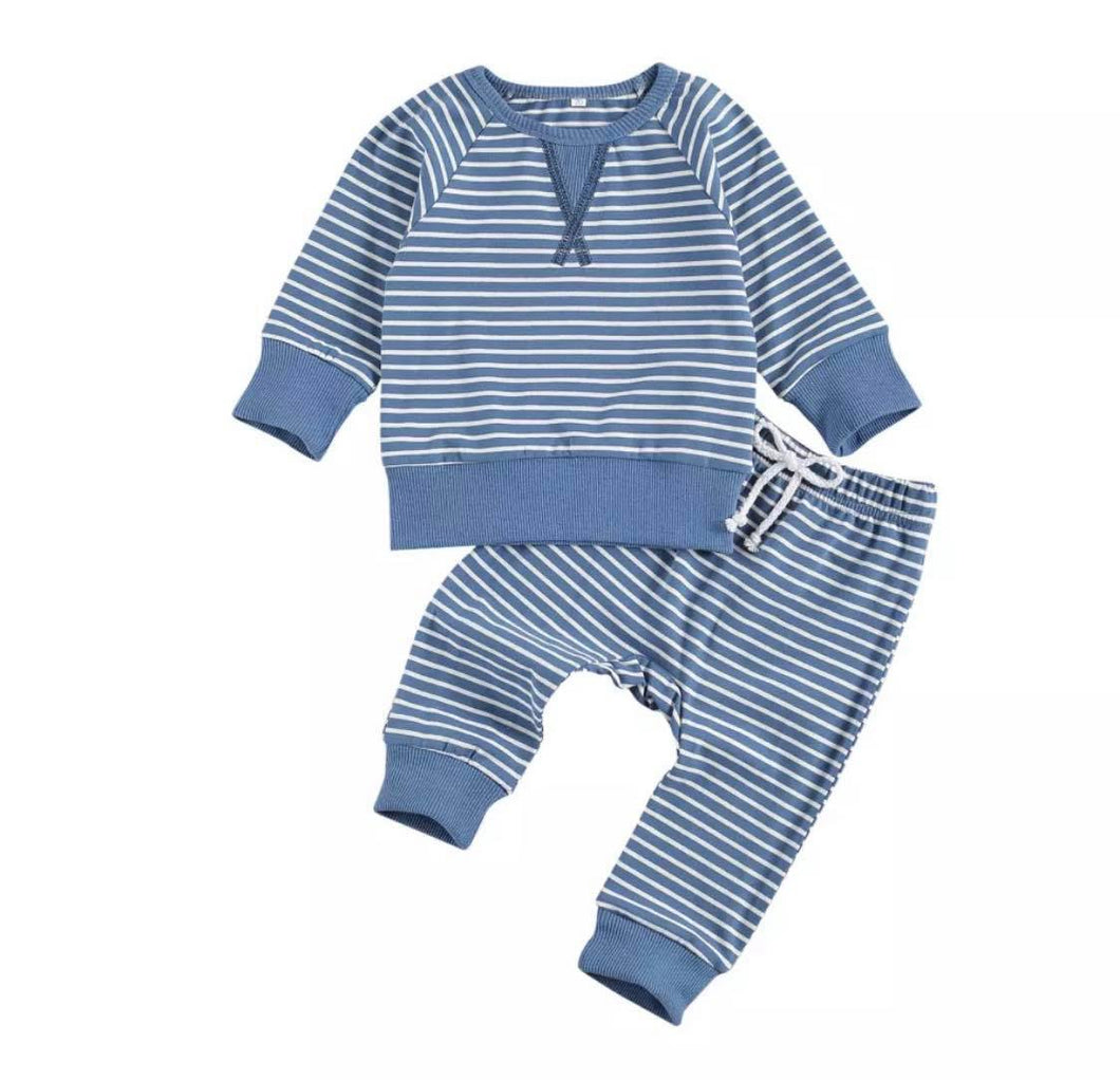 Long Sleeve Striped Pants Set-Blue