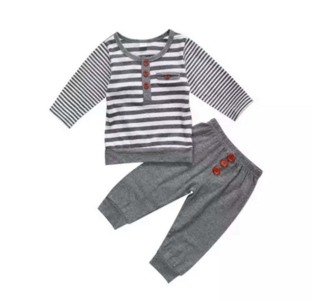 Gray Striped Knit Cotton Pant Set w/Buttons