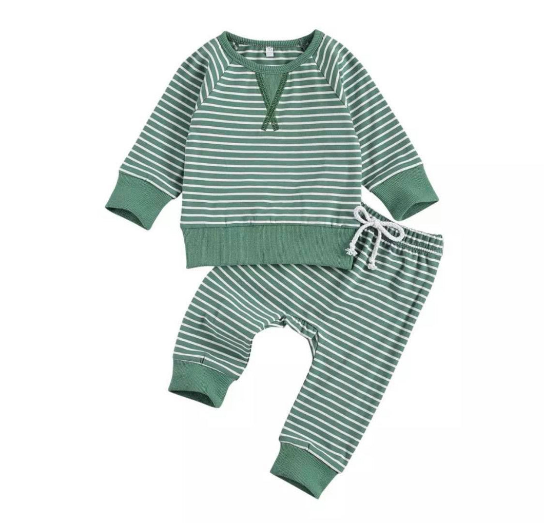 Long Sleeve Striped Pants Set-Green