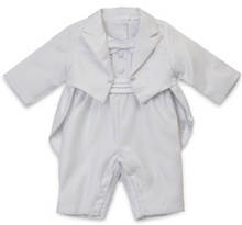 Load image into Gallery viewer, Aurora Royal Satin Tuxedo Baptism Romper
