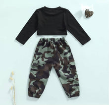 Load image into Gallery viewer, Blessed Crop Top Camo Pant Set
