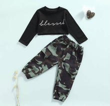 Load image into Gallery viewer, Blessed Crop Top Camo Pant Set
