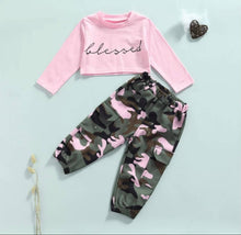 Load image into Gallery viewer, Blessed Crop Top Camo Pant Set
