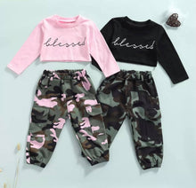 Load image into Gallery viewer, Blessed Crop Top Camo Pant Set
