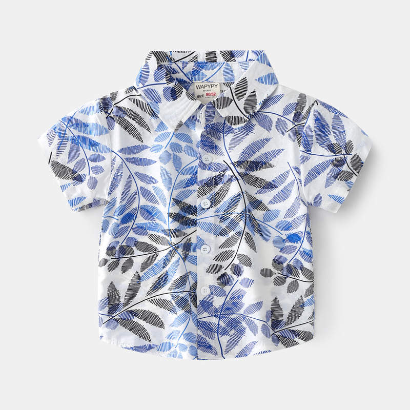 Boy's Blue & Black Leaf Short Sleeve Shirt