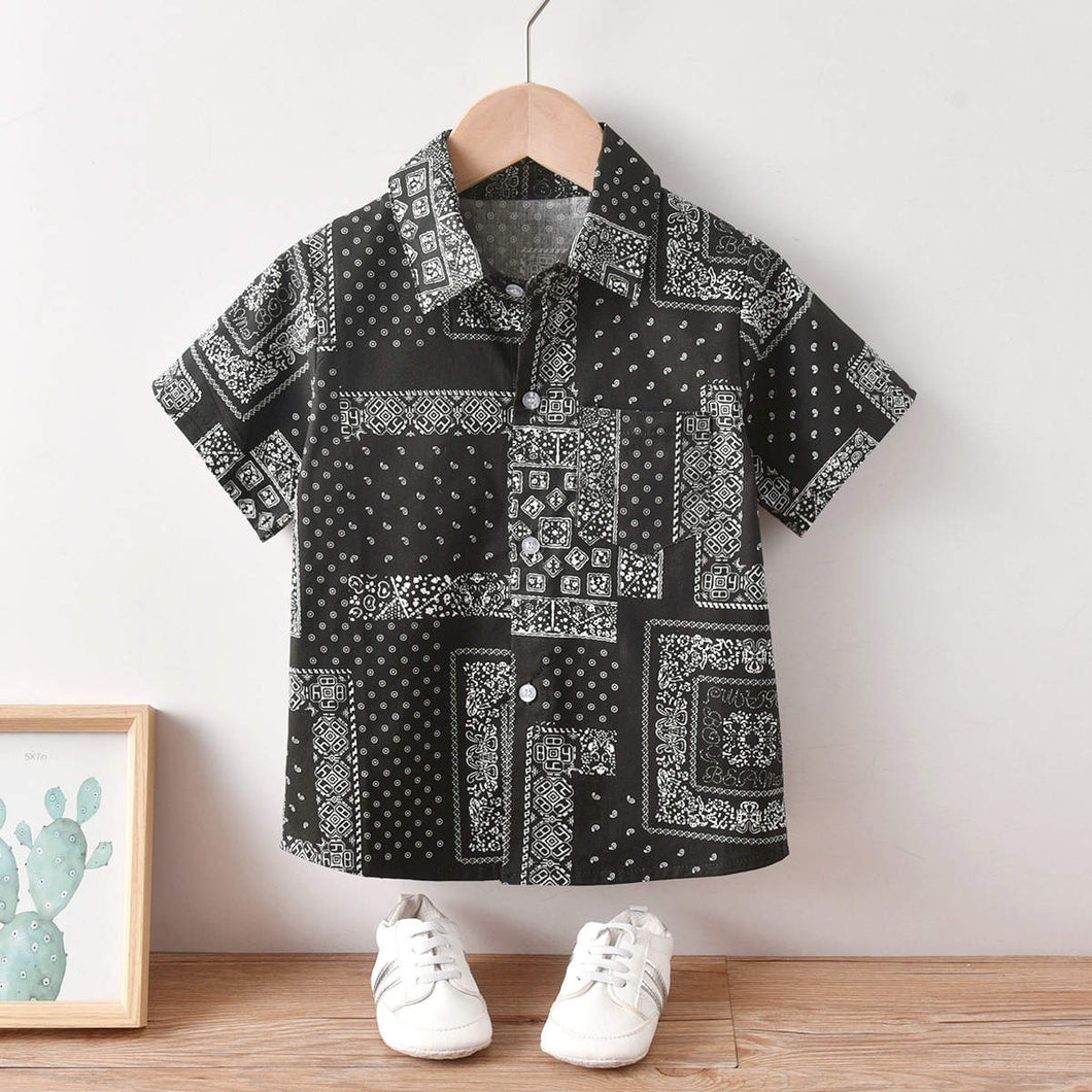 Boy's Bandana Print Style Short Sleeve Shirt-Black