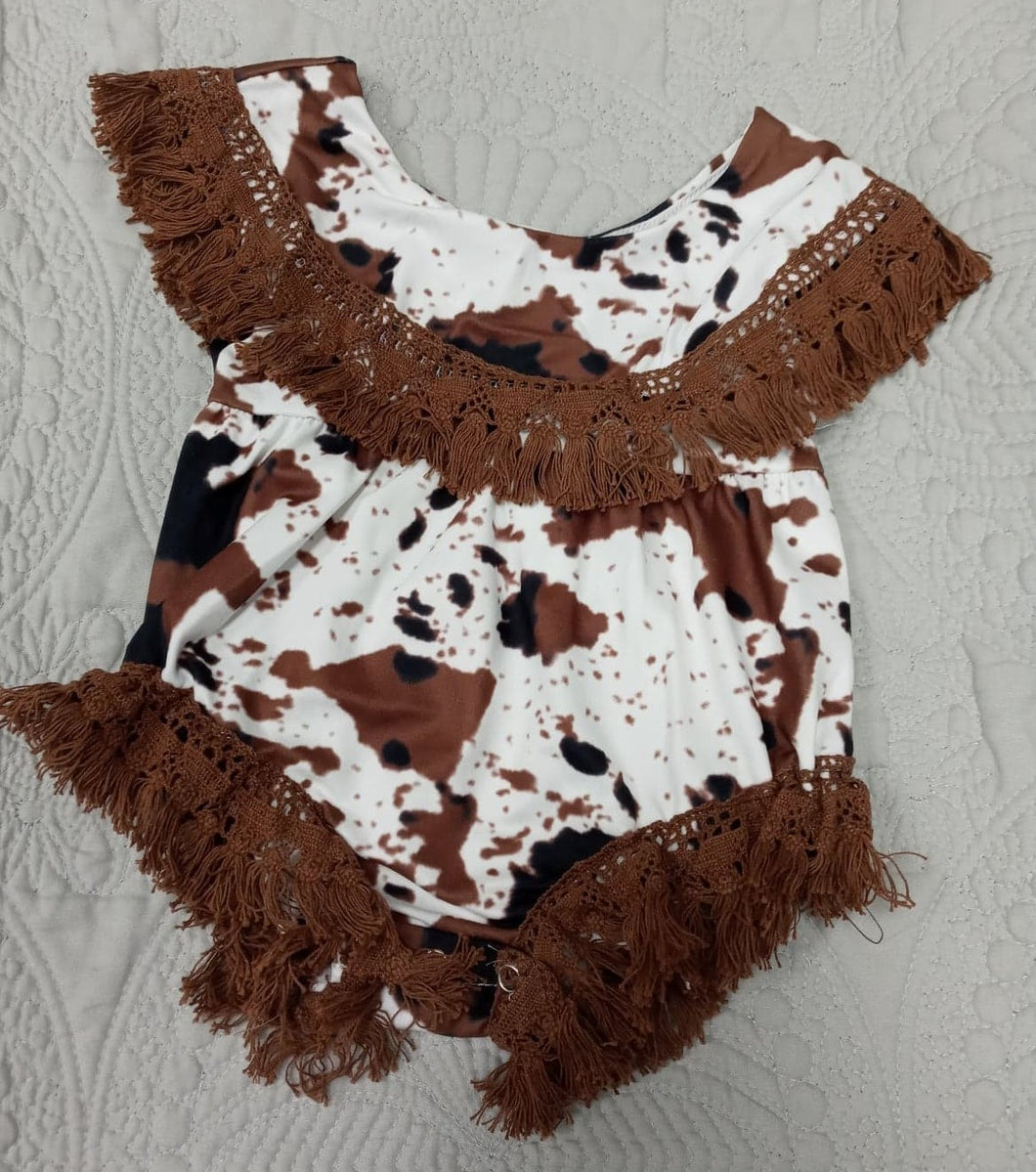 Cow Print Romper w/Tassel Trim