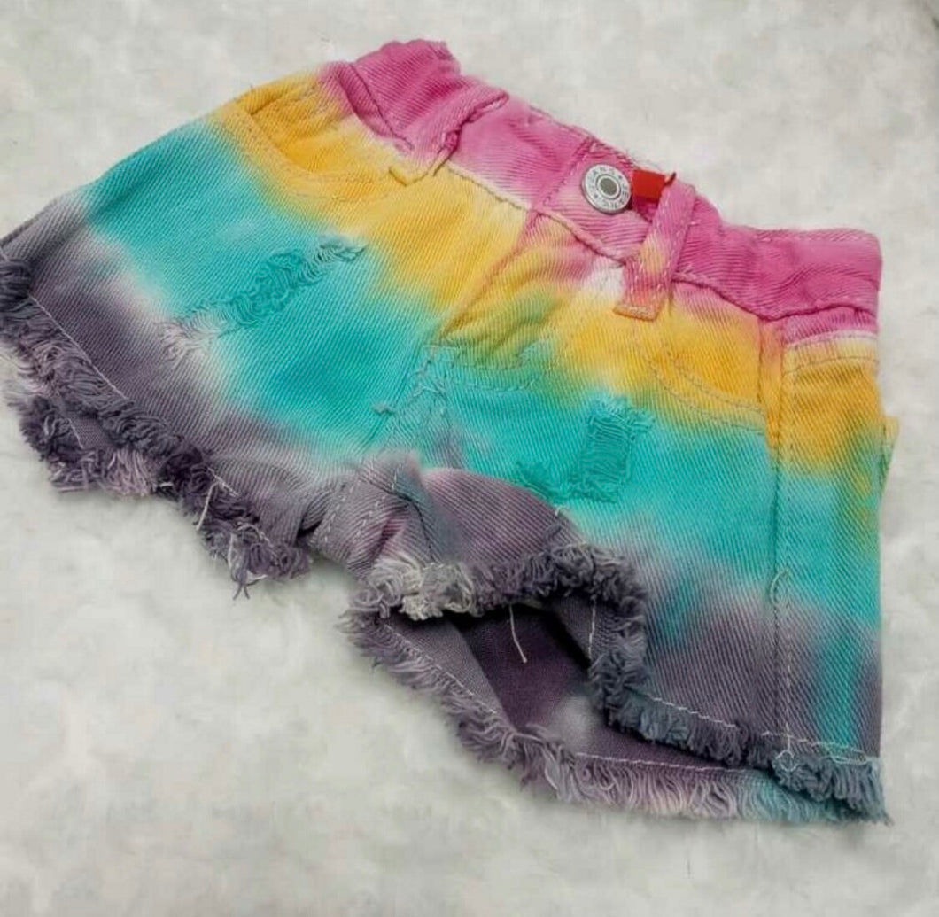 Distressed Denim Shorts-Rainbow