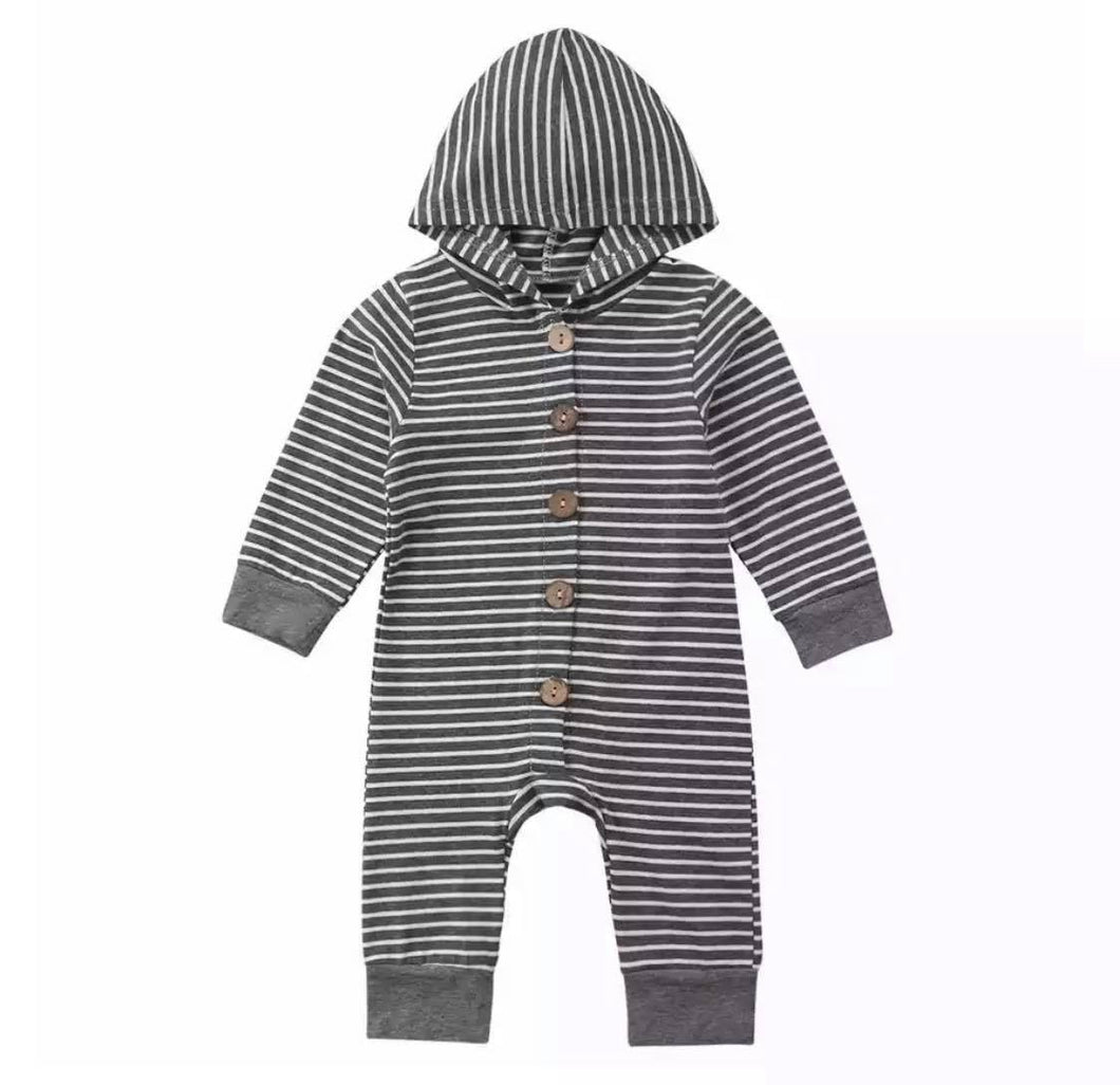 Gray Striped Hooded Long Sleeve Romper