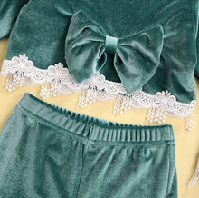 Load image into Gallery viewer, Green Velour Bell Pant Set w/Victorian Lace Trim
