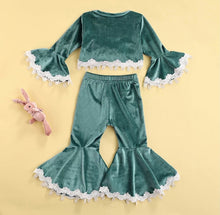 Load image into Gallery viewer, Green Velour Bell Pant Set w/Victorian Lace Trim
