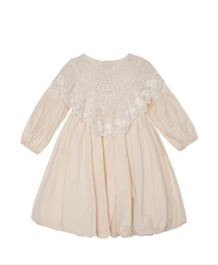 Long Sleeve Cotton Dress w/Removable Lace Bib