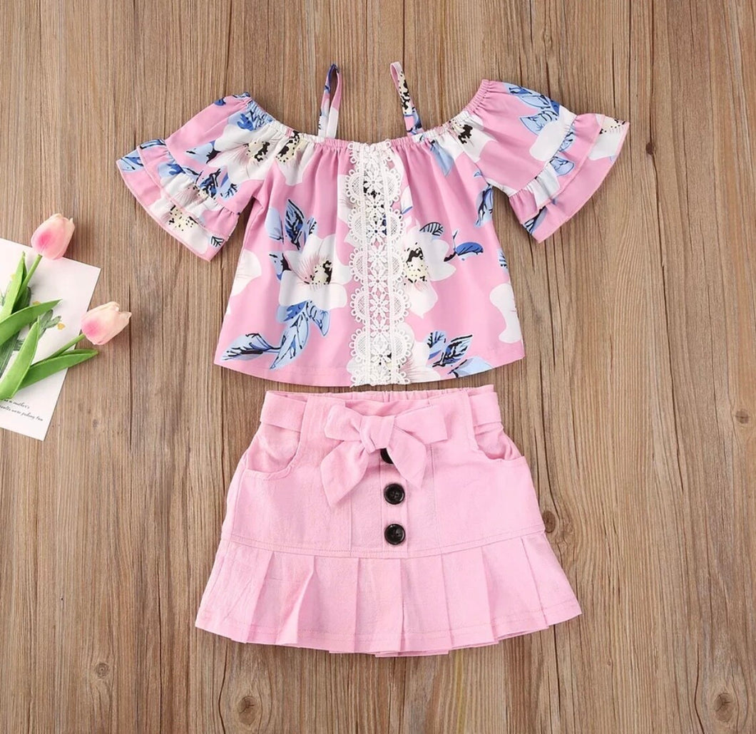 Pink Off Shoulder Floral Skirt Set