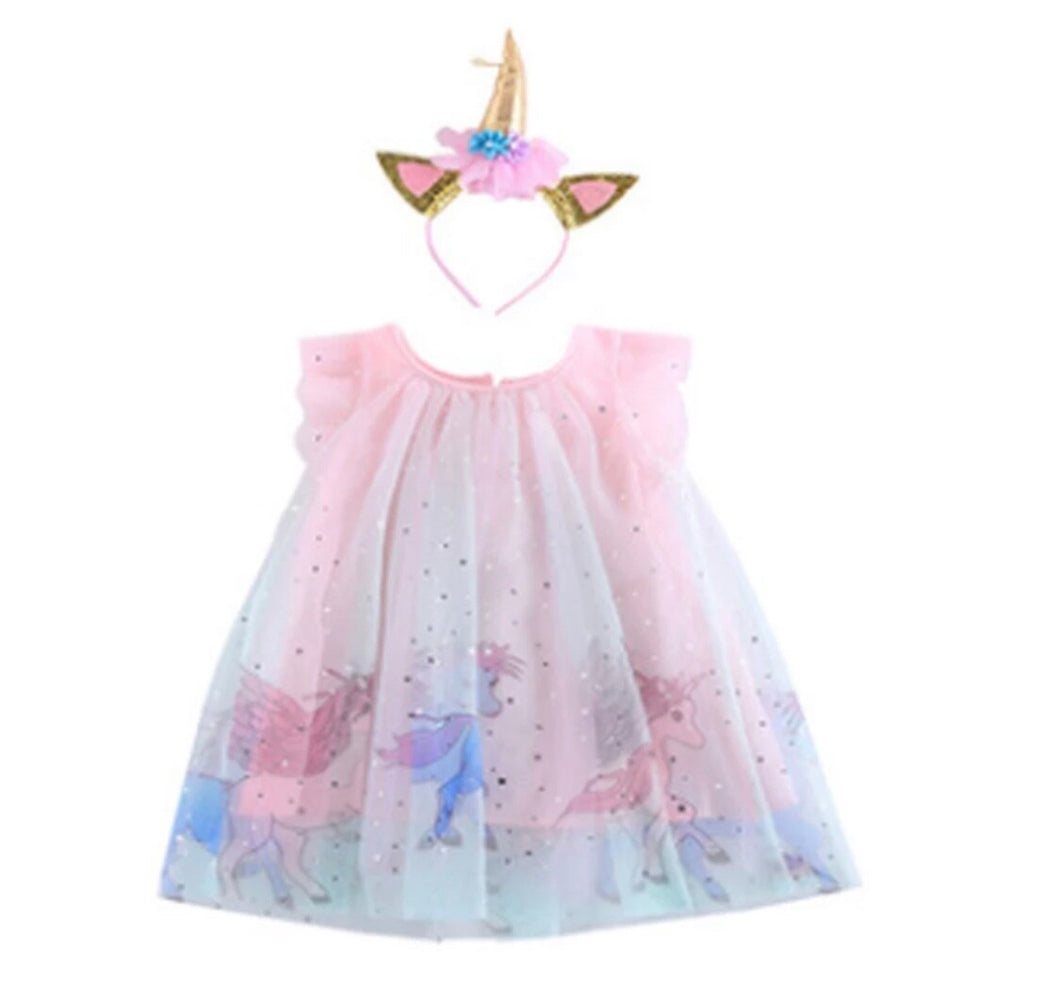 Pink  Tulle Unicorn Dress w/Headband