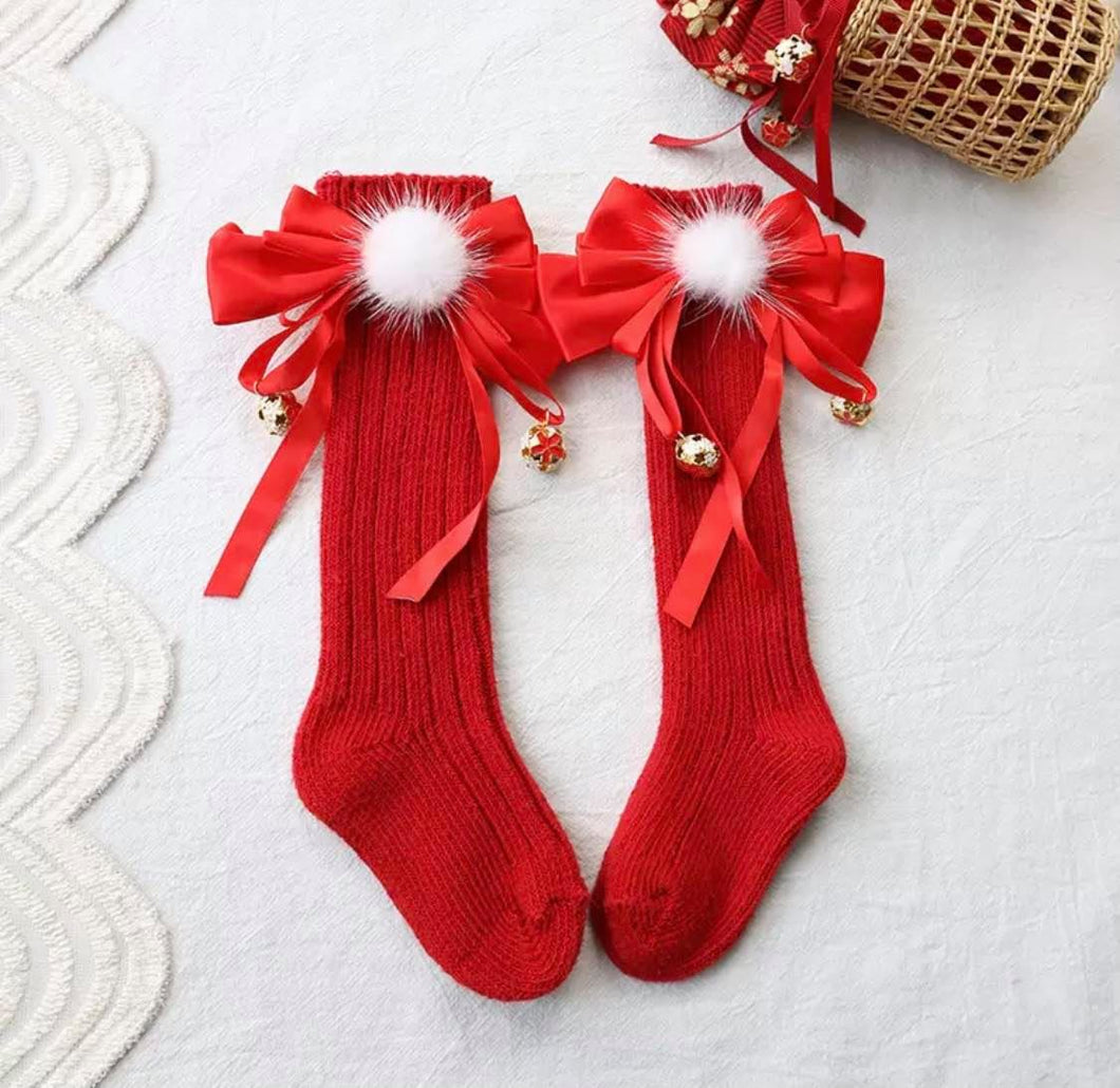 Red Knee High Sock w/ Bow & Bells