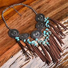 Load image into Gallery viewer, Vintage Leather Tassel Turquoise Necklace
