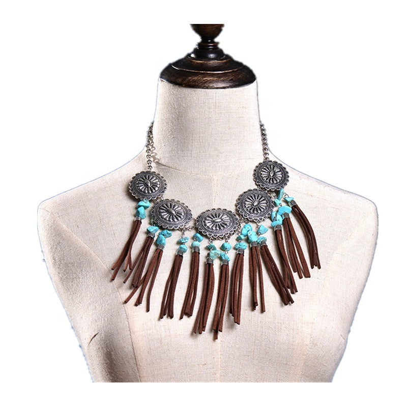 Vintage Leather Tassel Turquoise Necklace